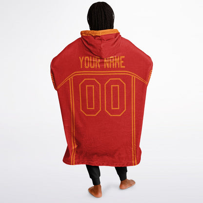 Red and orange lineup snug hoodie featuring sleek line-art details and minimalist team-inspired design.