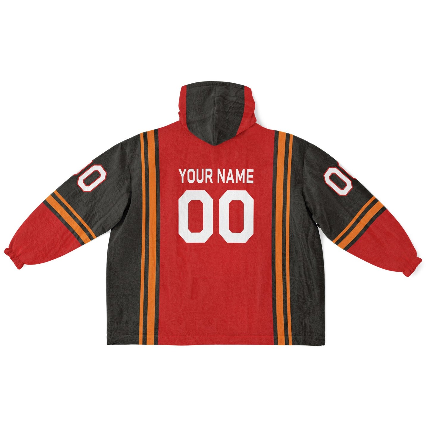 Red, pewter, and orange bold snug hoodie with triple color blocking and a sporty aesthetic.