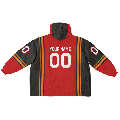 Red, pewter, and orange bold snug hoodie with triple color blocking and a sporty aesthetic.