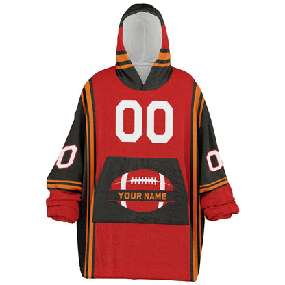 Red, pewter, and orange bold snug hoodie with triple color blocking and a sporty aesthetic.