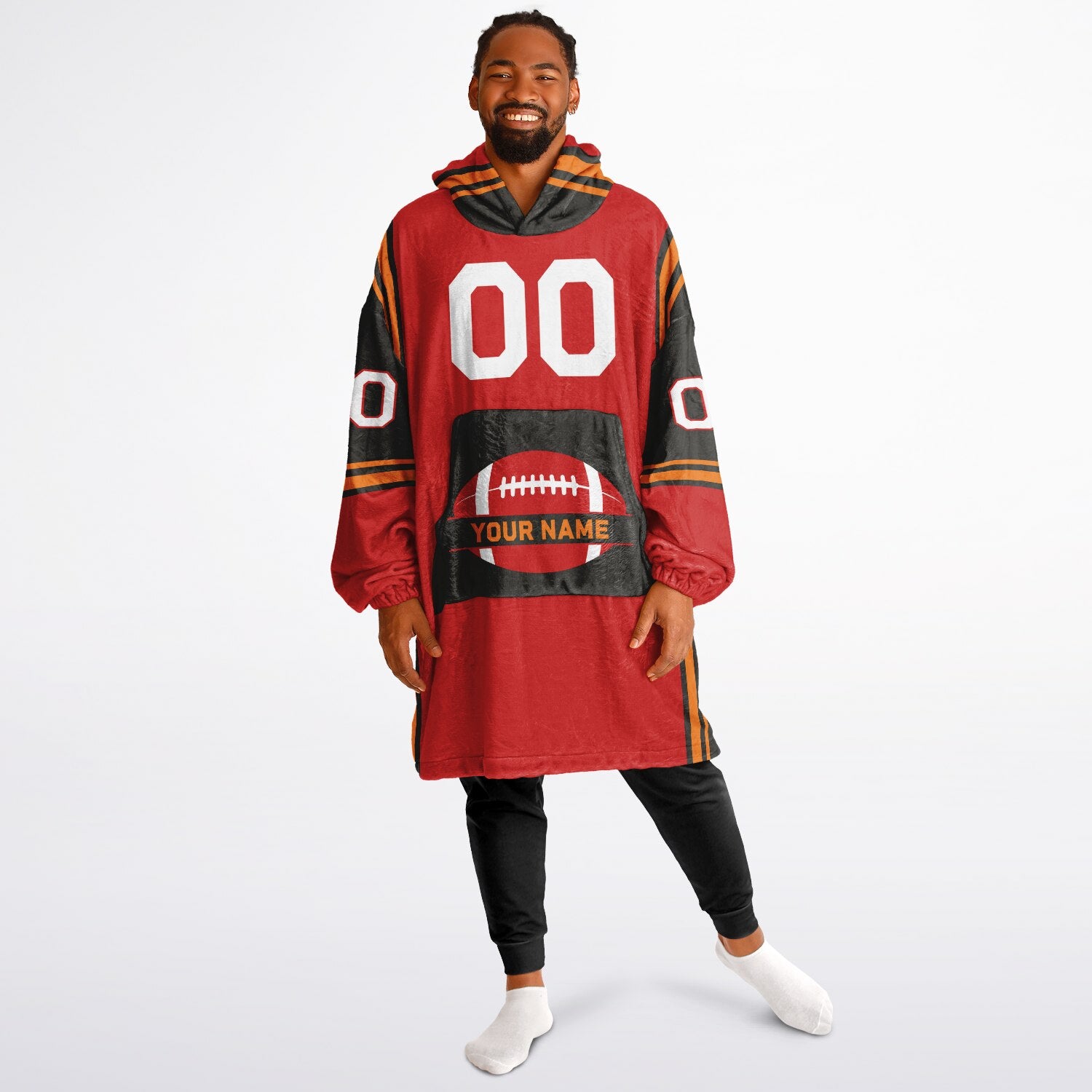 Red, pewter, and orange bold snug hoodie with triple color blocking and a sporty aesthetic.