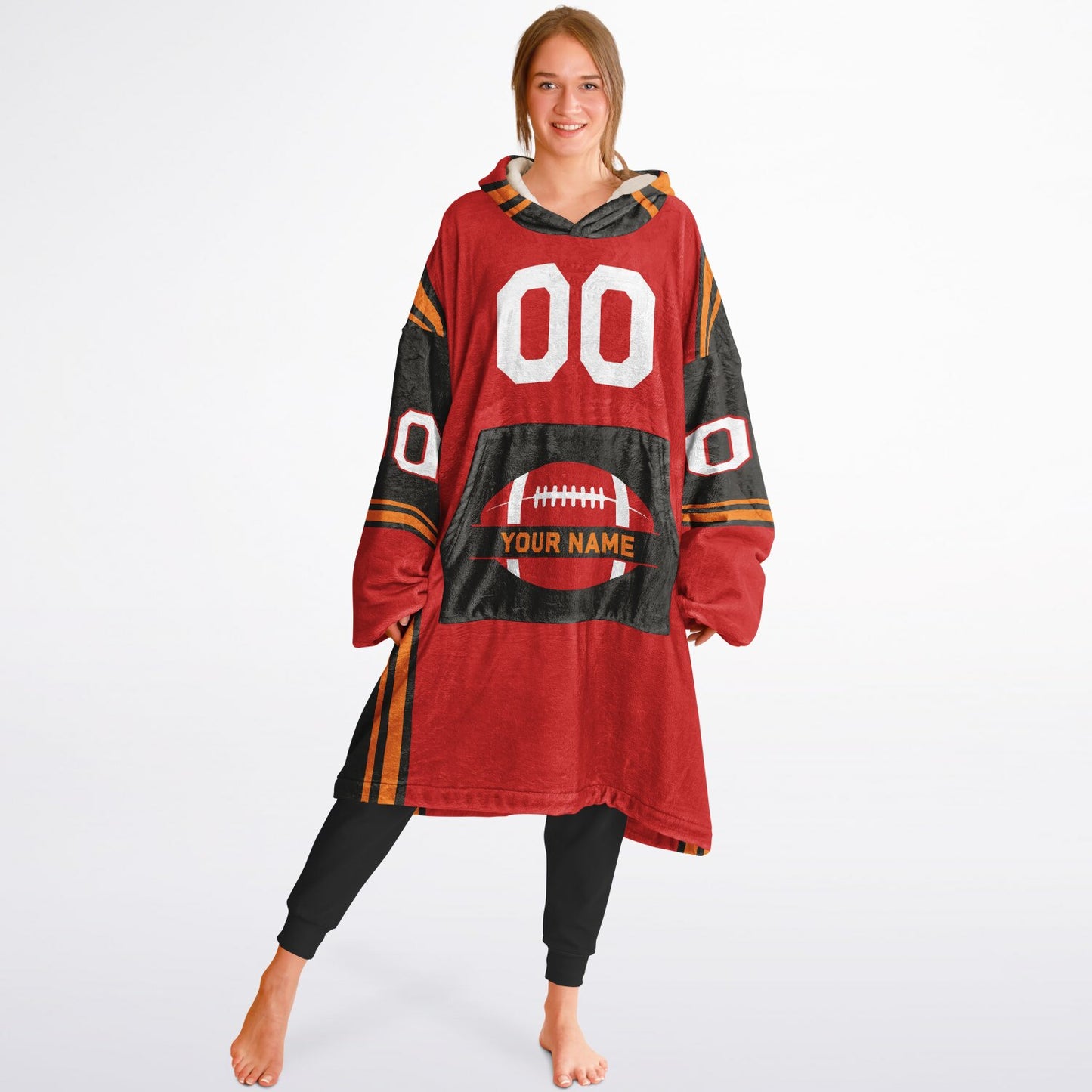 Red, pewter, and orange bold snug hoodie with triple color blocking and a sporty aesthetic.