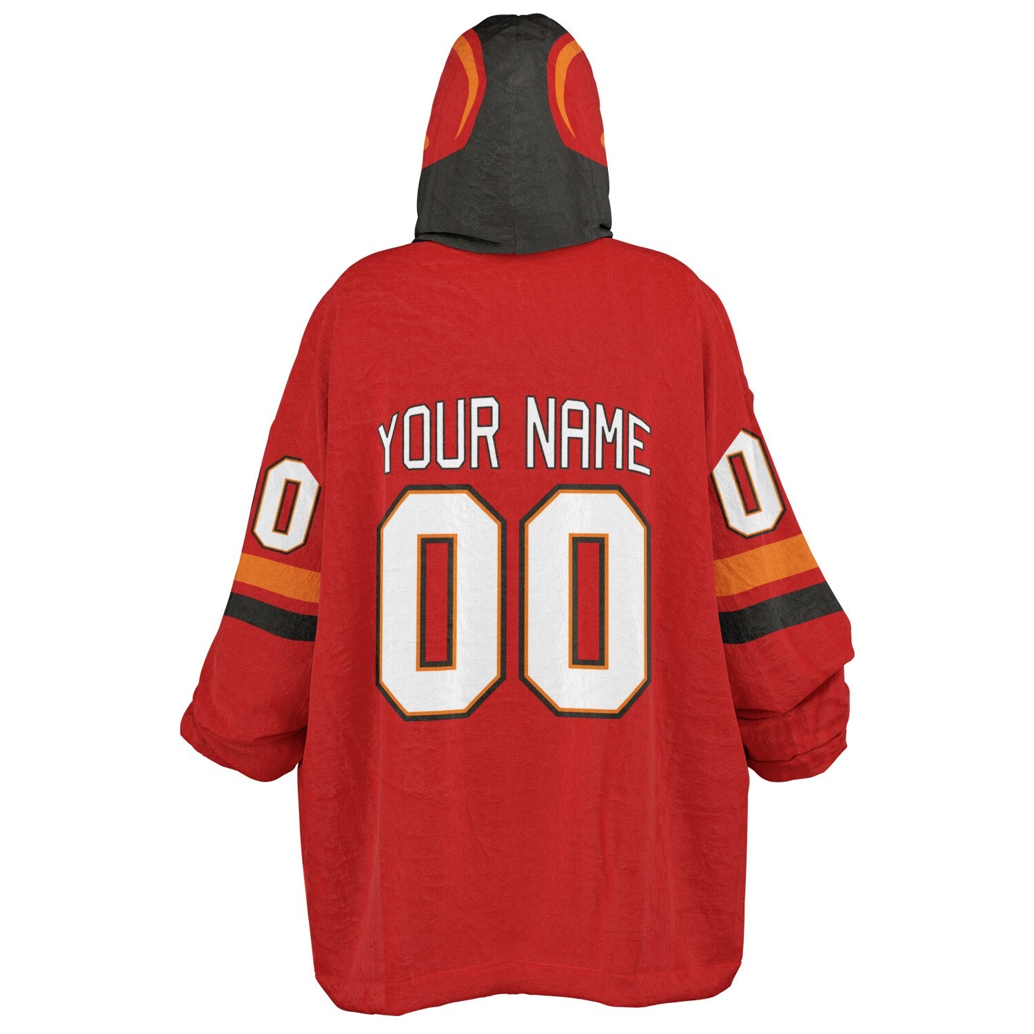Red, pewter, and orange classic snug hoodie featuring authentic jersey striping and personalized number details.