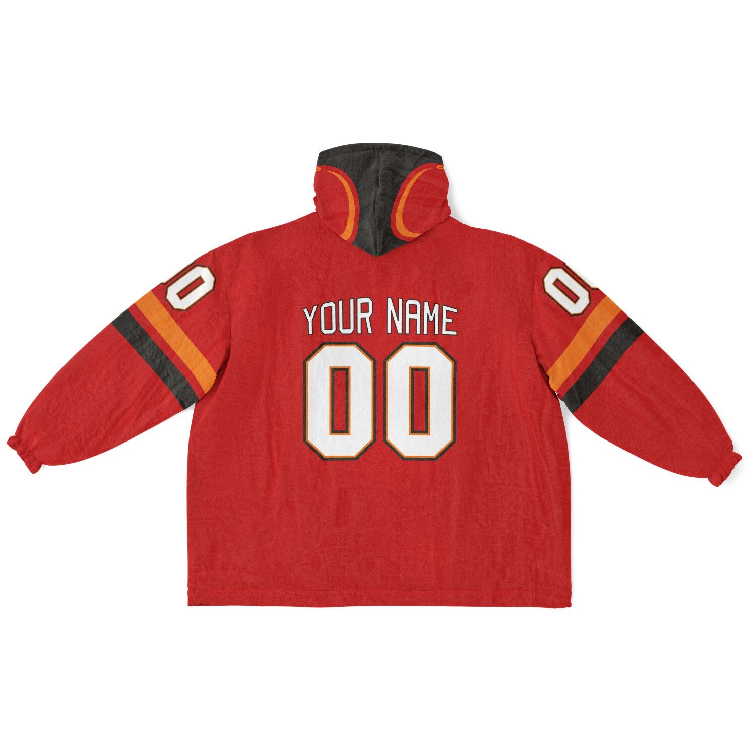 Red, pewter, and orange classic snug hoodie featuring authentic jersey striping and personalized number details.