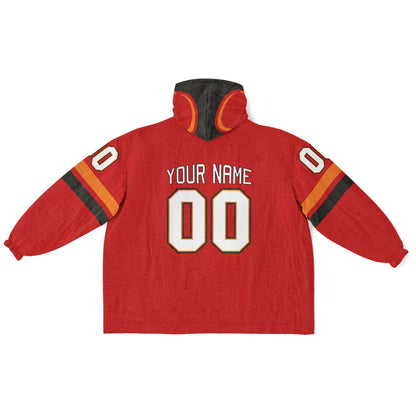 Red, pewter, and orange classic snug hoodie featuring authentic jersey striping and personalized number details.
