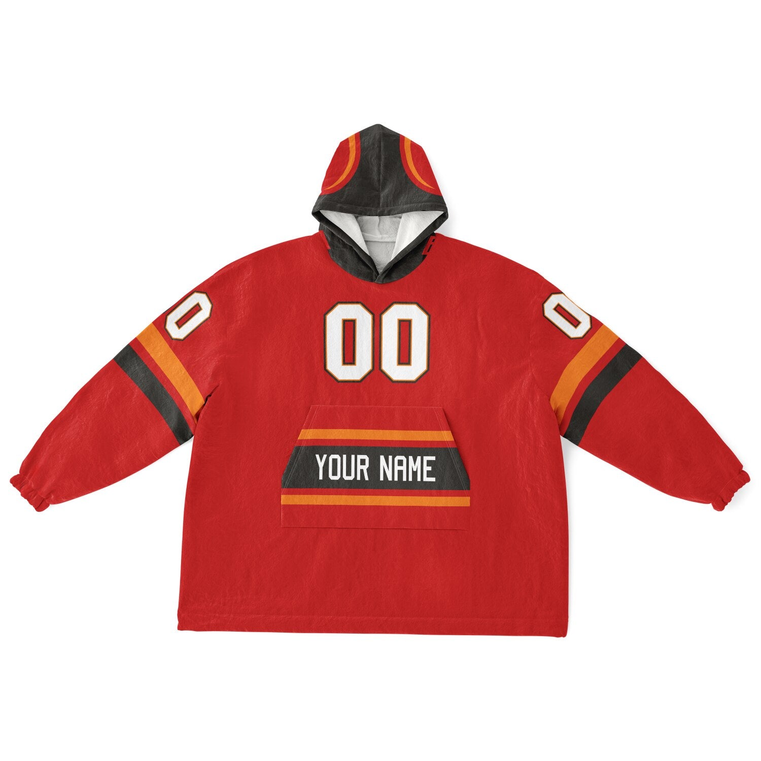 Red, pewter, and orange classic snug hoodie featuring authentic jersey striping and personalized number details.