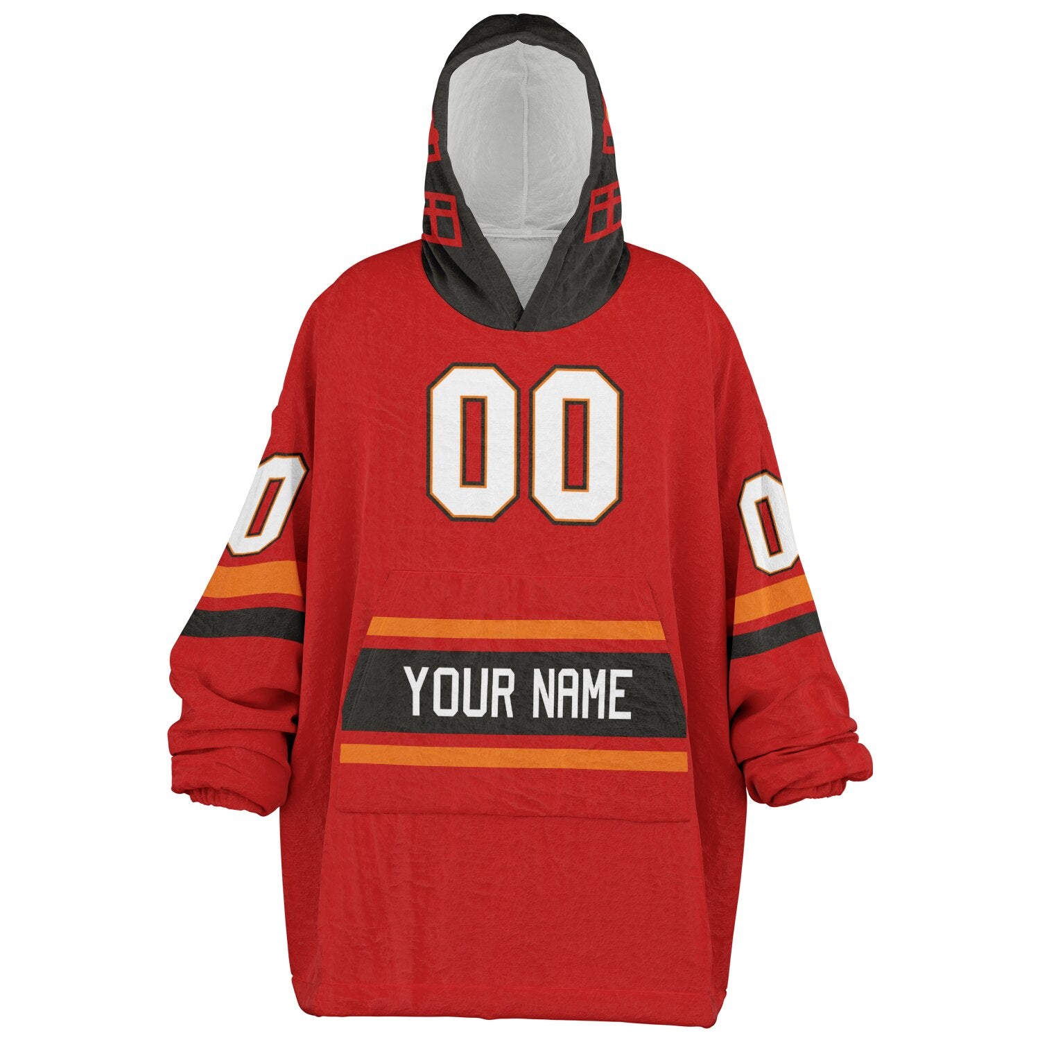 Red, pewter, and orange classic snug hoodie featuring authentic jersey striping and personalized number details.