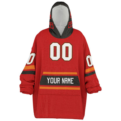 Red, pewter, and orange classic snug hoodie featuring authentic jersey striping and personalized number details.