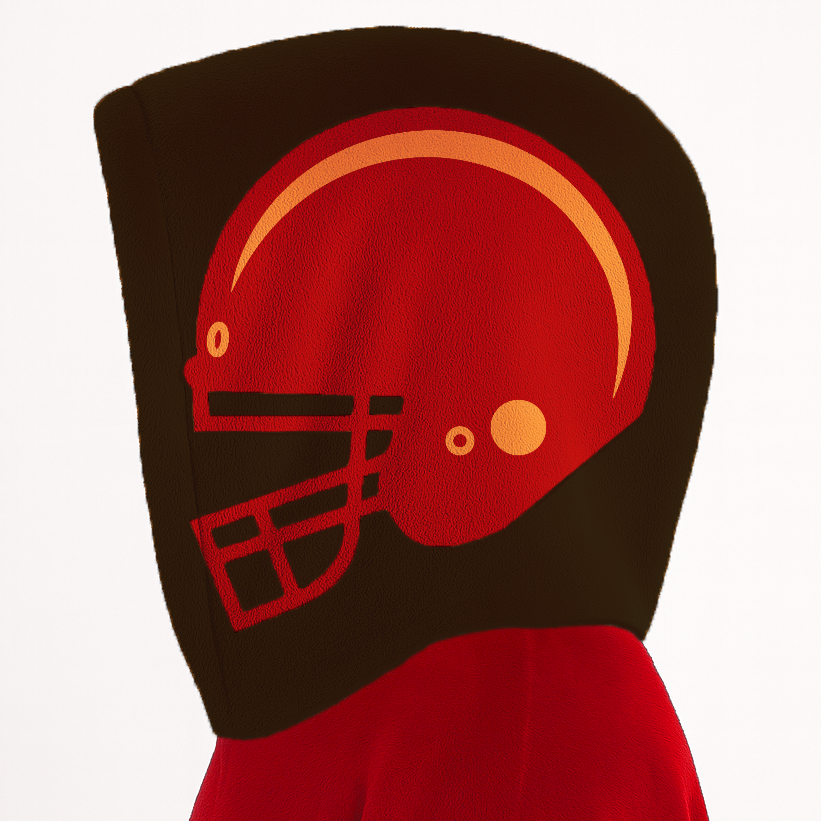 Red, pewter, and orange classic snug hoodie featuring authentic jersey striping and personalized number details.