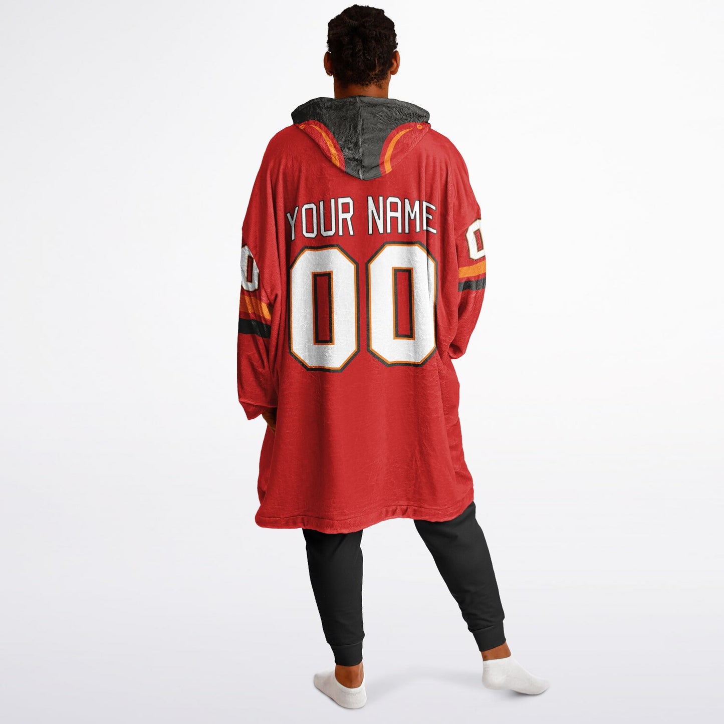 Red, pewter, and orange classic snug hoodie featuring authentic jersey striping and personalized number details.