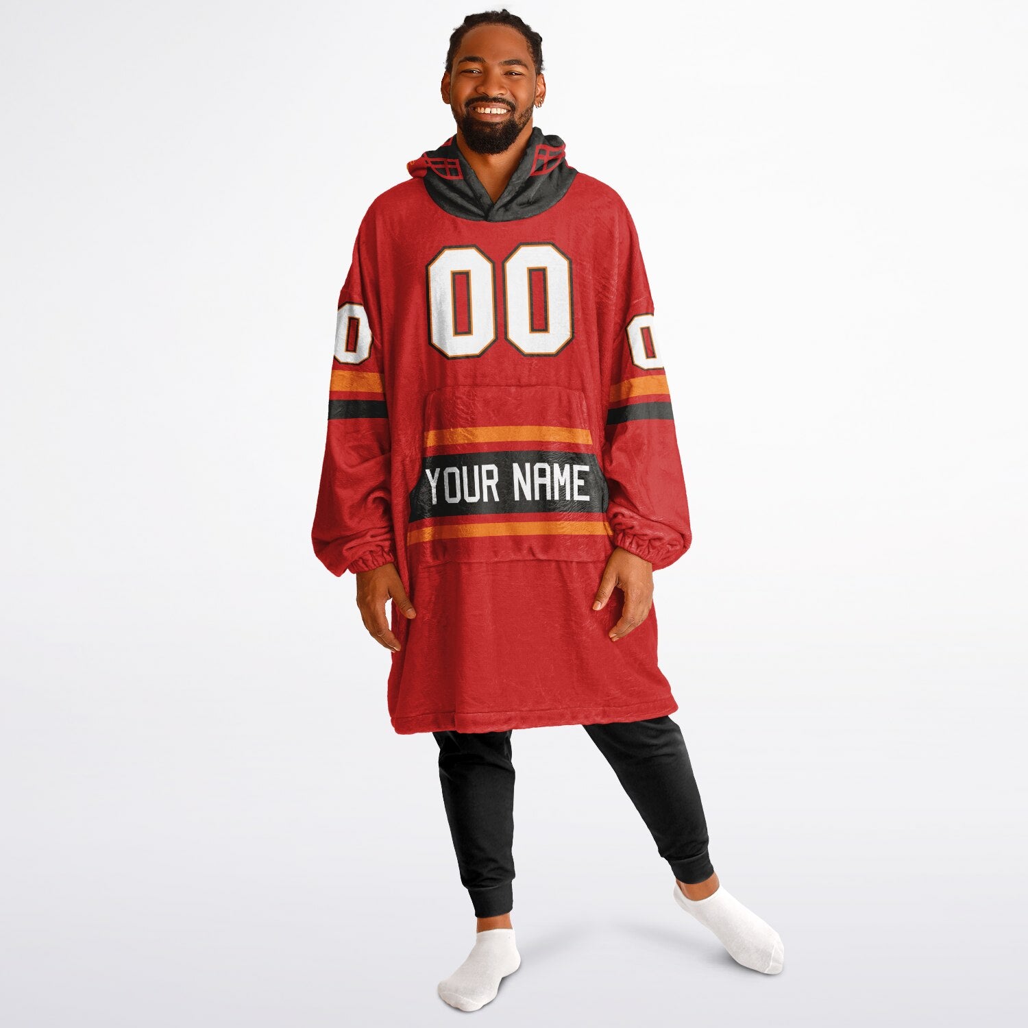 Red, pewter, and orange classic snug hoodie featuring authentic jersey striping and personalized number details.