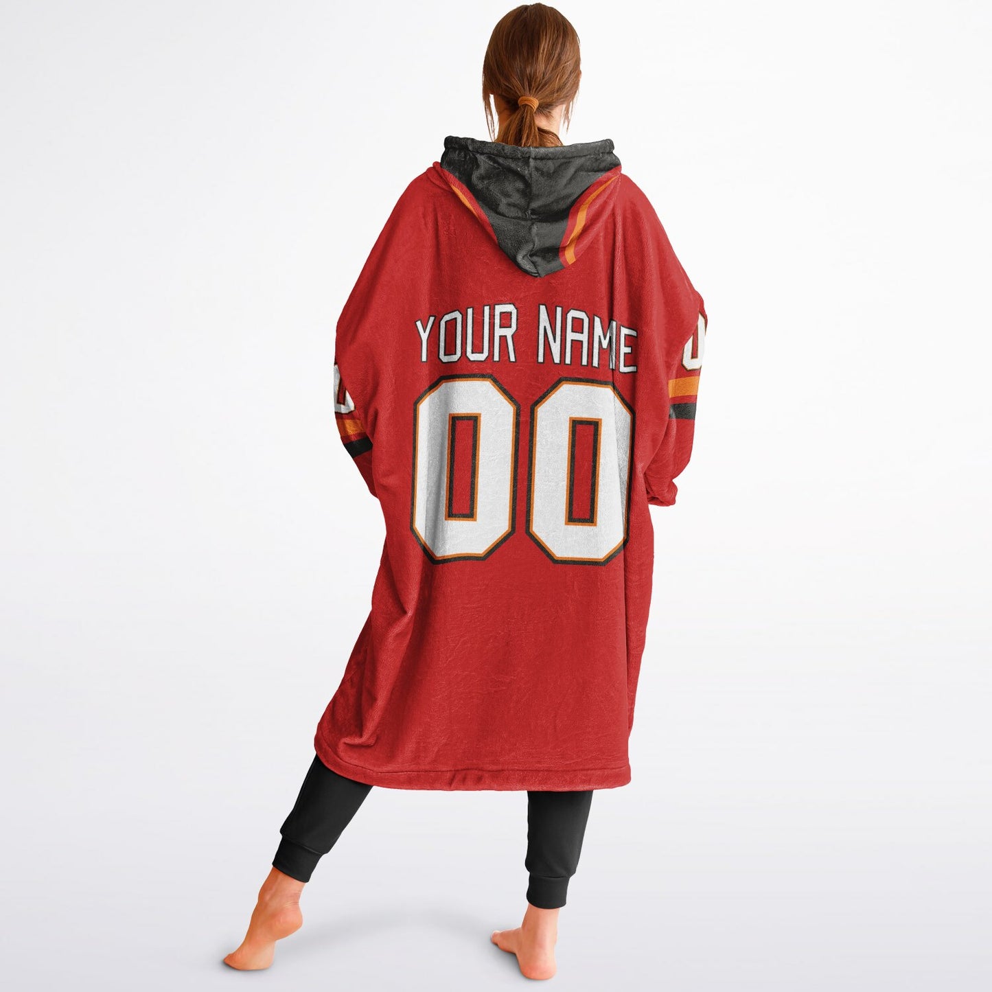 Red, pewter, and orange classic snug hoodie featuring authentic jersey striping and personalized number details.