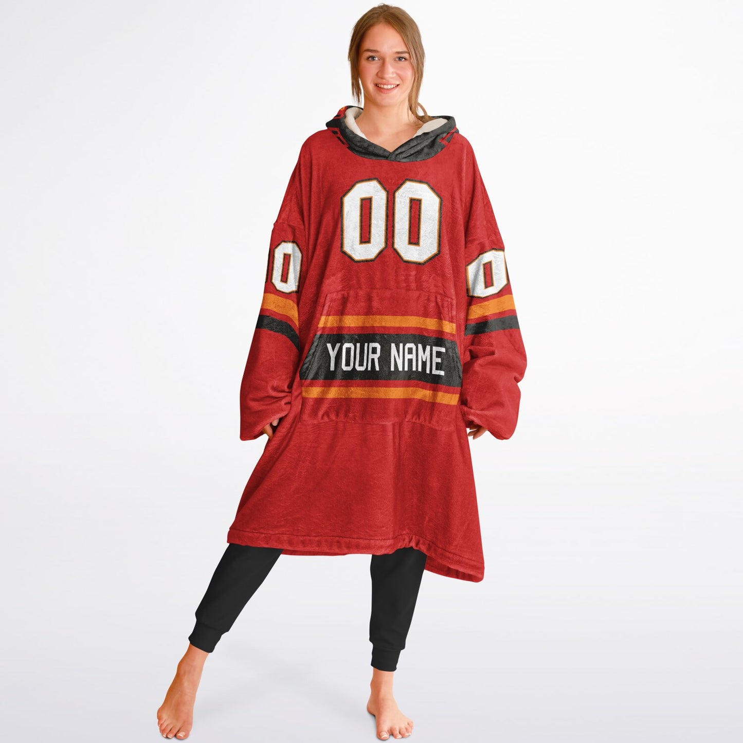 Red, pewter, and orange classic snug hoodie featuring authentic jersey striping and personalized number details.