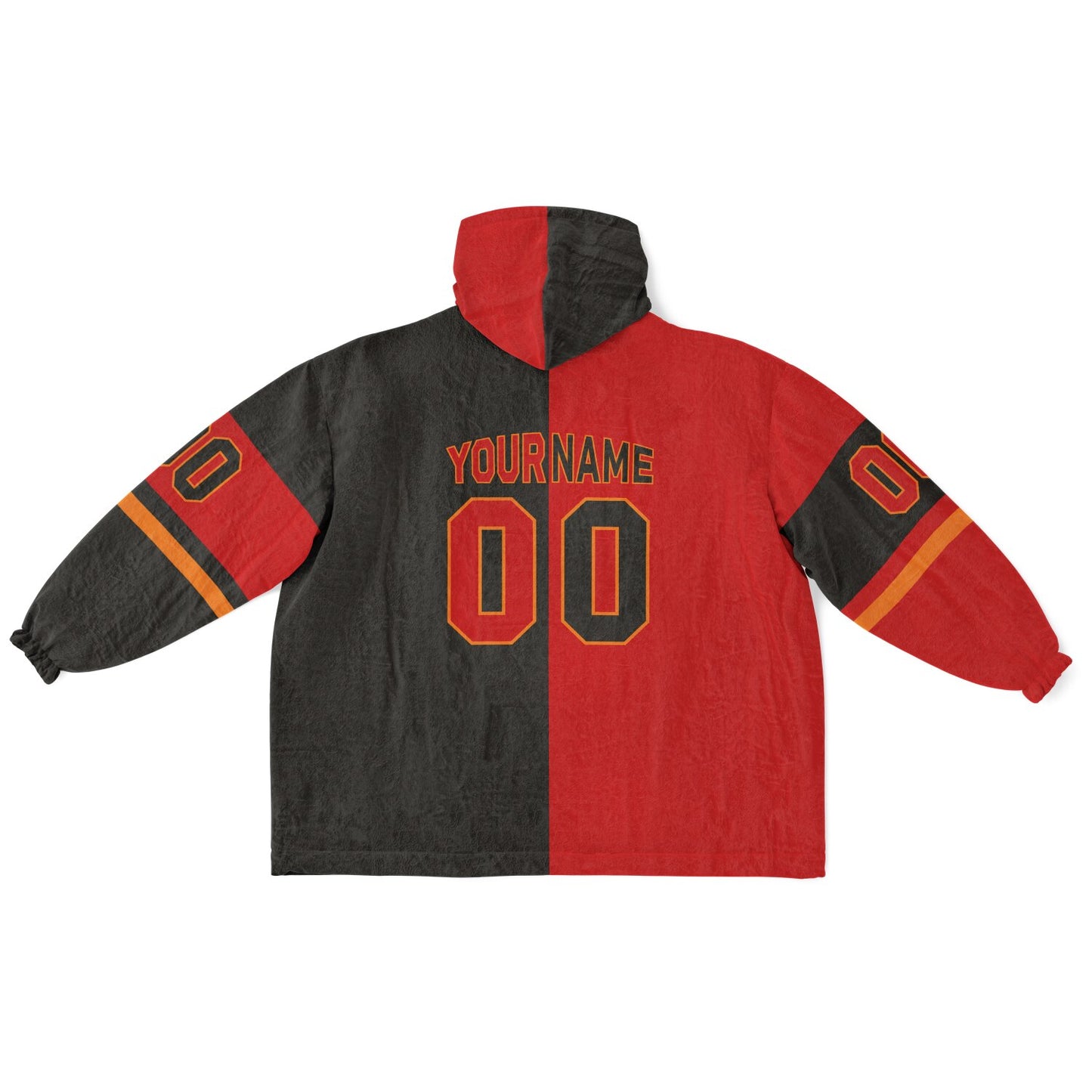 Red, pewter, and orange halftime snug hoodie with three-tone split design and cozy fleece texture.