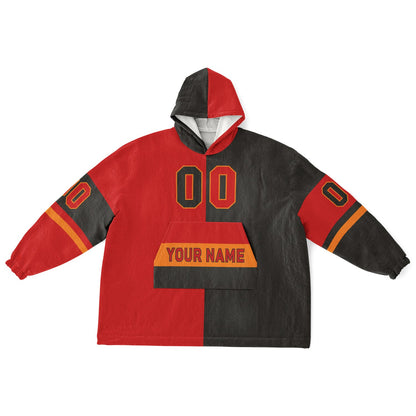 Red, pewter, and orange halftime snug hoodie with three-tone split design and cozy fleece texture.