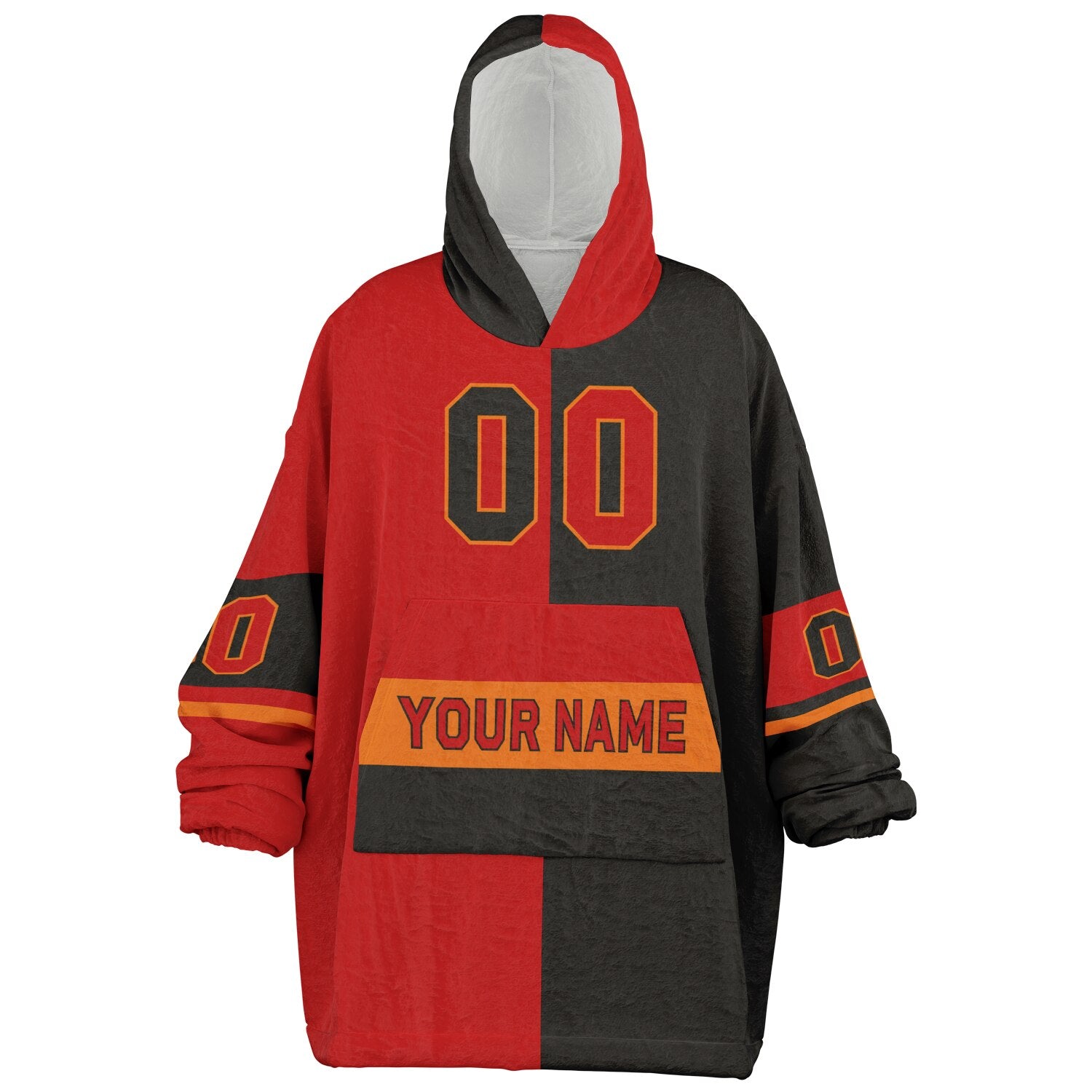 Red, pewter, and orange halftime snug hoodie with three-tone split design and cozy fleece texture.