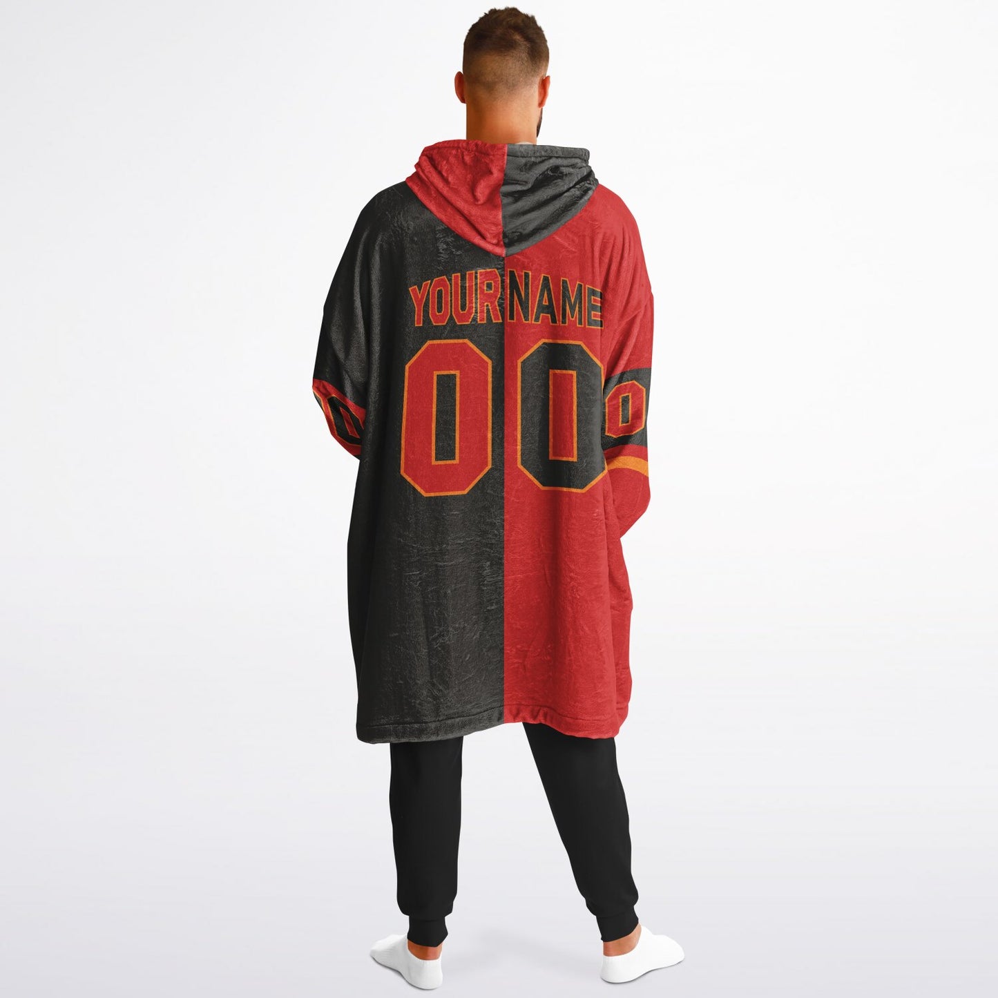 Red, pewter, and orange halftime snug hoodie with three-tone split design and cozy fleece texture.