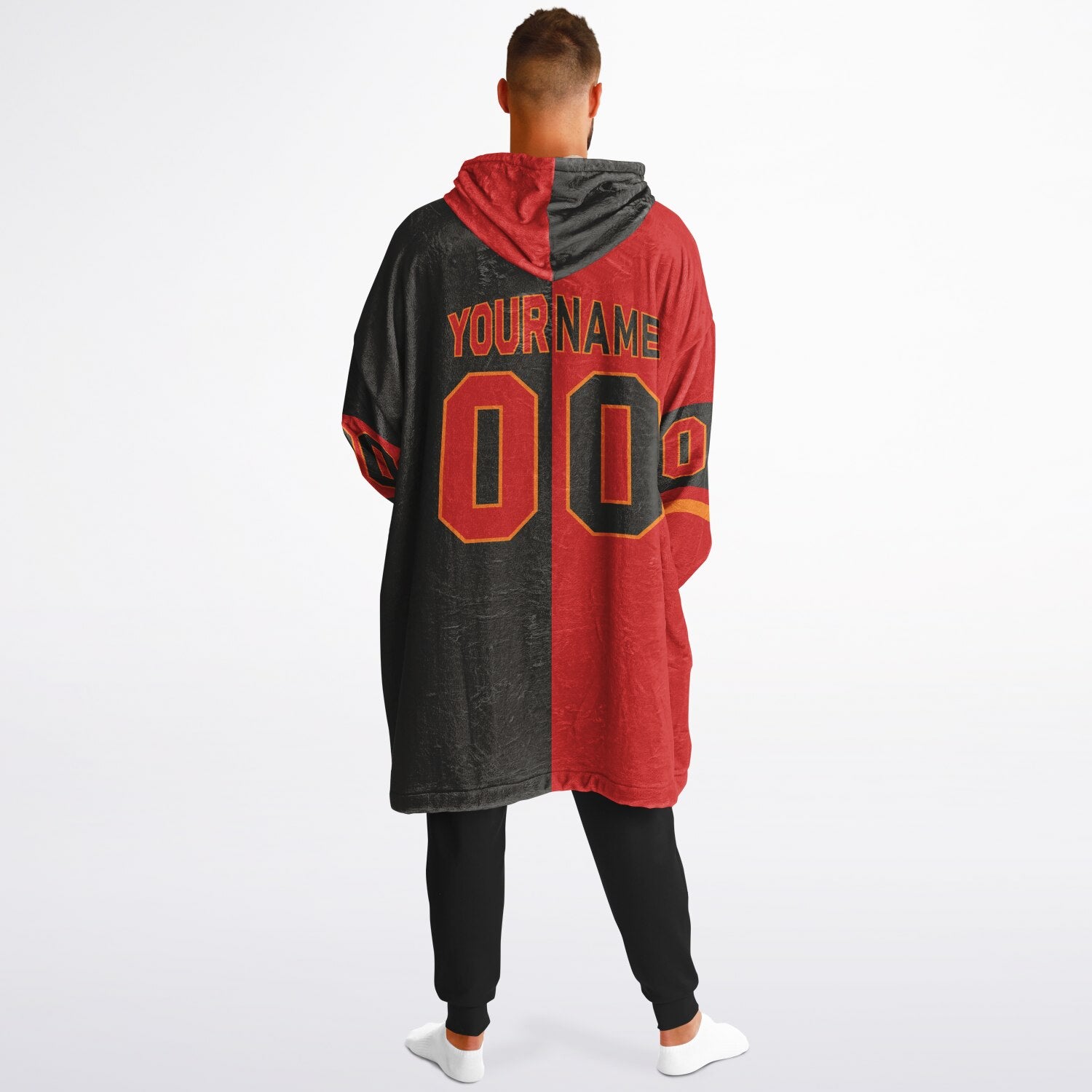 Red, pewter, and orange halftime snug hoodie with three-tone split design and cozy fleece texture.