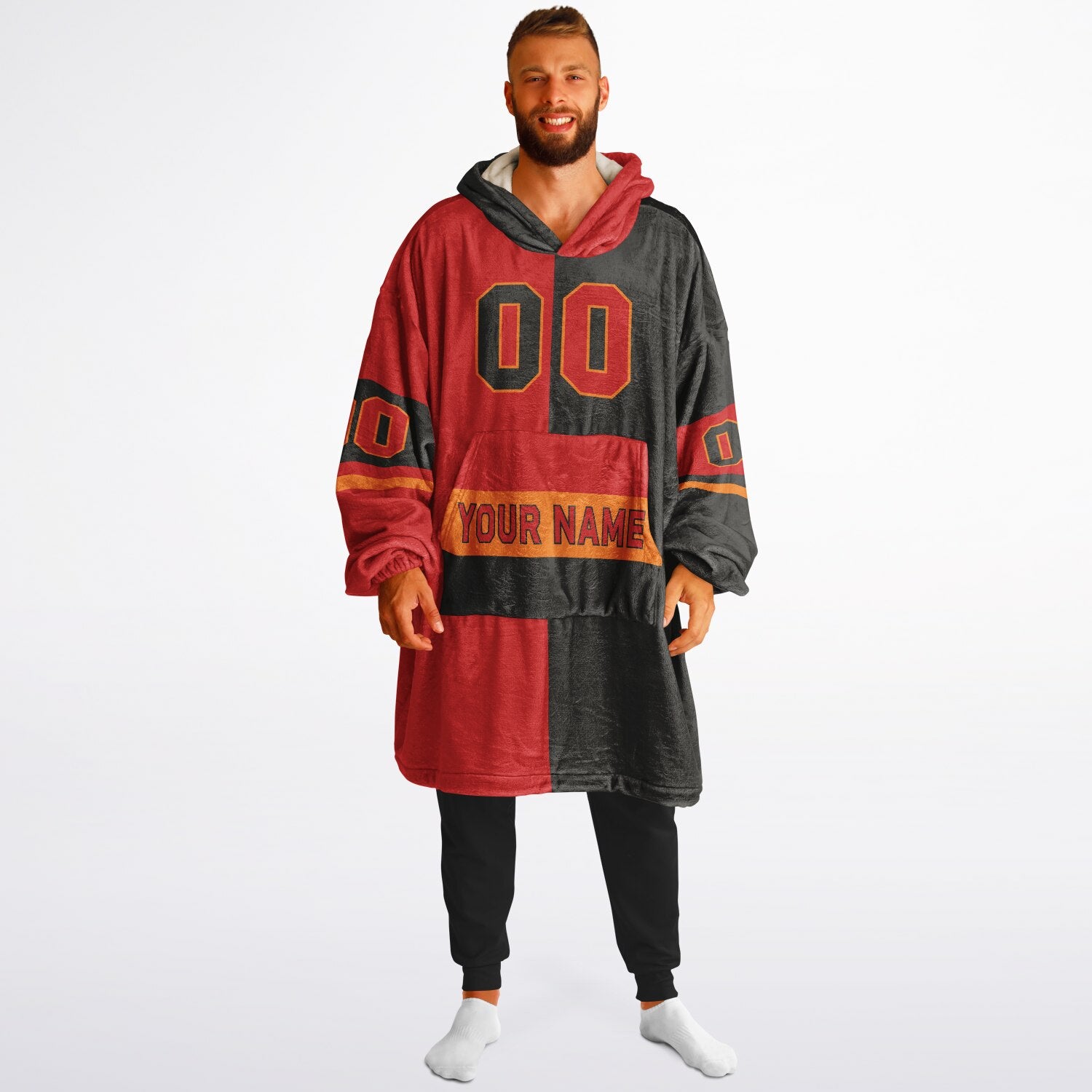 Red, pewter, and orange halftime snug hoodie with three-tone split design and cozy fleece texture.