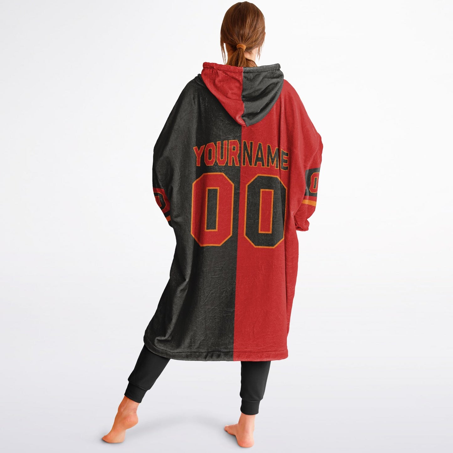 Red, pewter, and orange halftime snug hoodie with three-tone split design and cozy fleece texture.