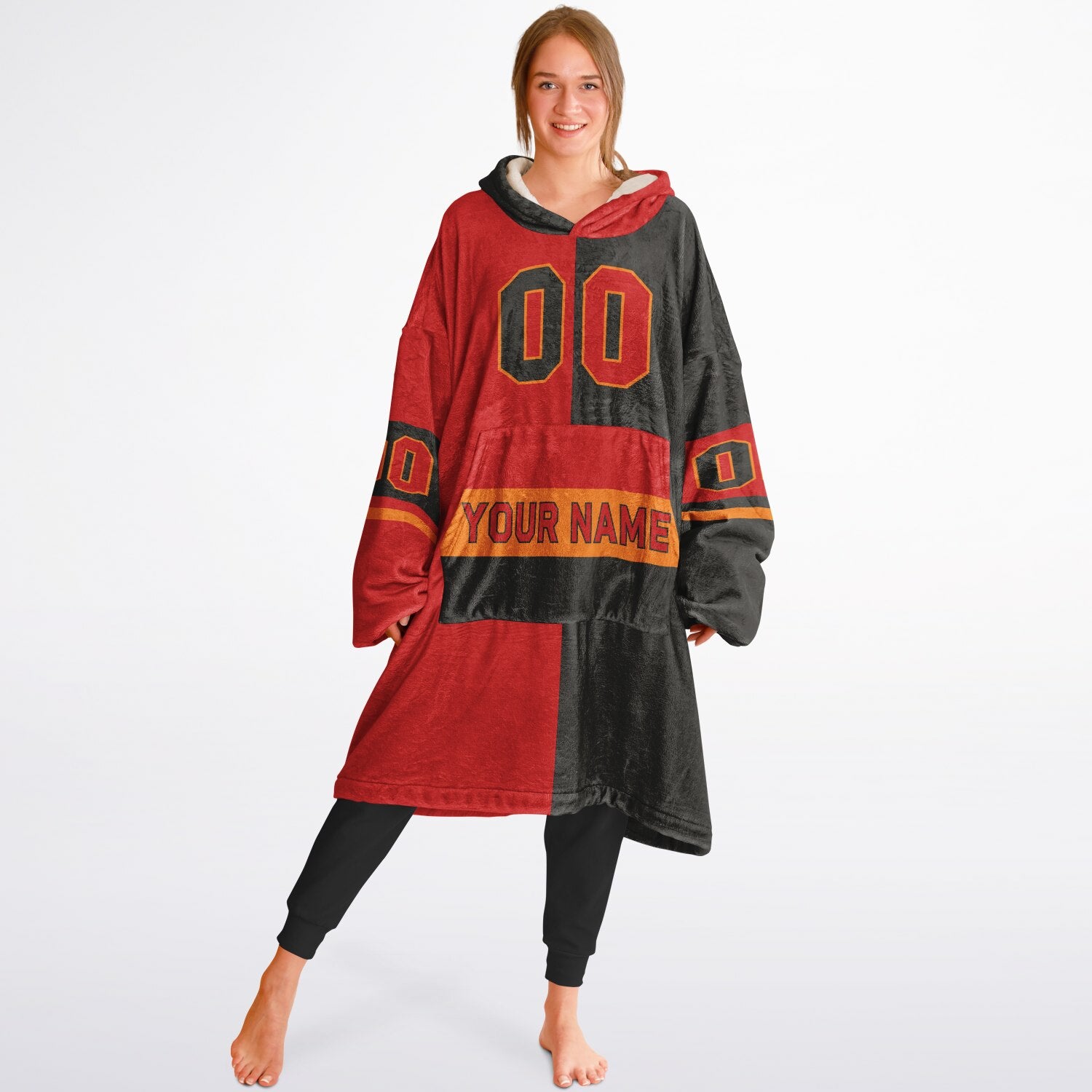 Red, pewter, and orange halftime snug hoodie with three-tone split design and cozy fleece texture.