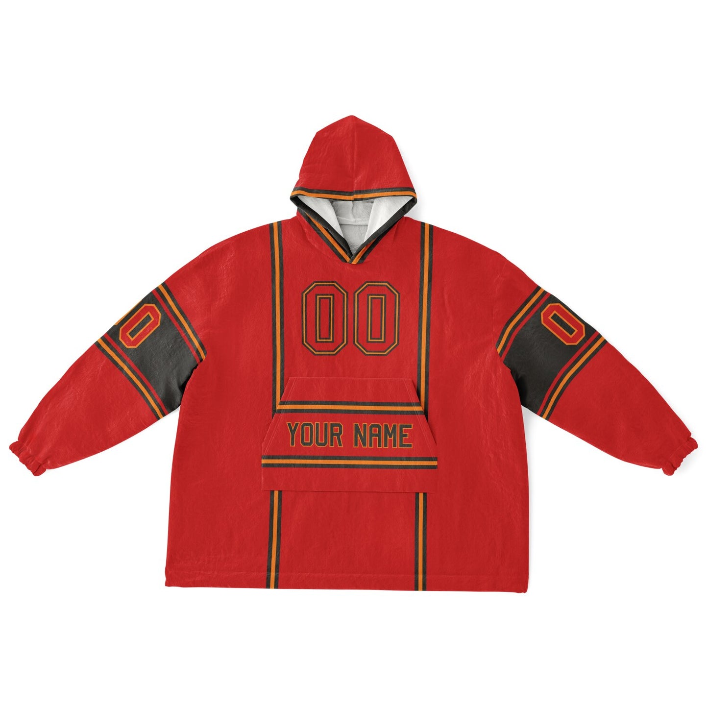 Red, pewter, and orange lineup snug hoodie with clean line work and subtle jersey influence.