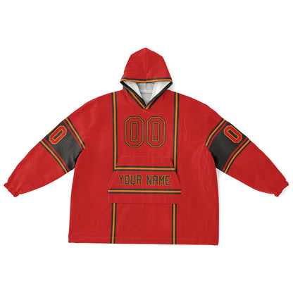 Red, pewter, and orange lineup snug hoodie with clean line work and subtle jersey influence.