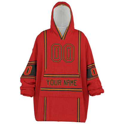 Red, pewter, and orange lineup snug hoodie with clean line work and subtle jersey influence.