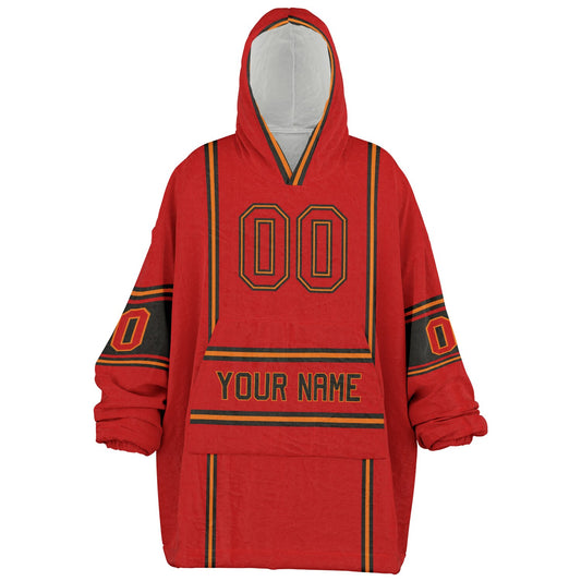 Red, pewter, and orange lineup snug hoodie with clean line work and subtle jersey influence.