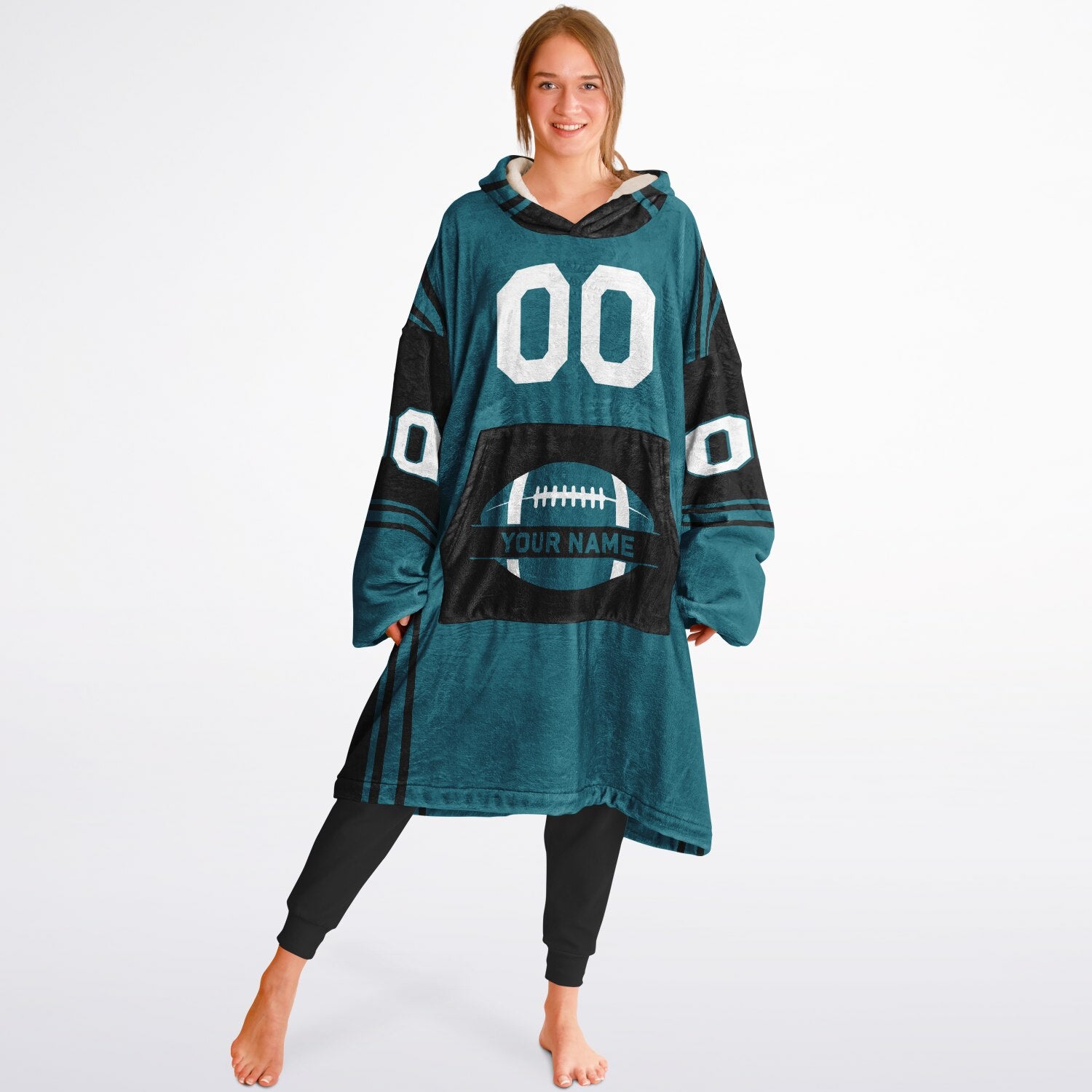 Teal and black bold snug hoodie with modern color-block design and soft loungewear fit.