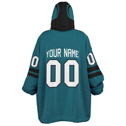 Teal and black classic snug hoodie featuring jersey-style stripes and personalized name and number.