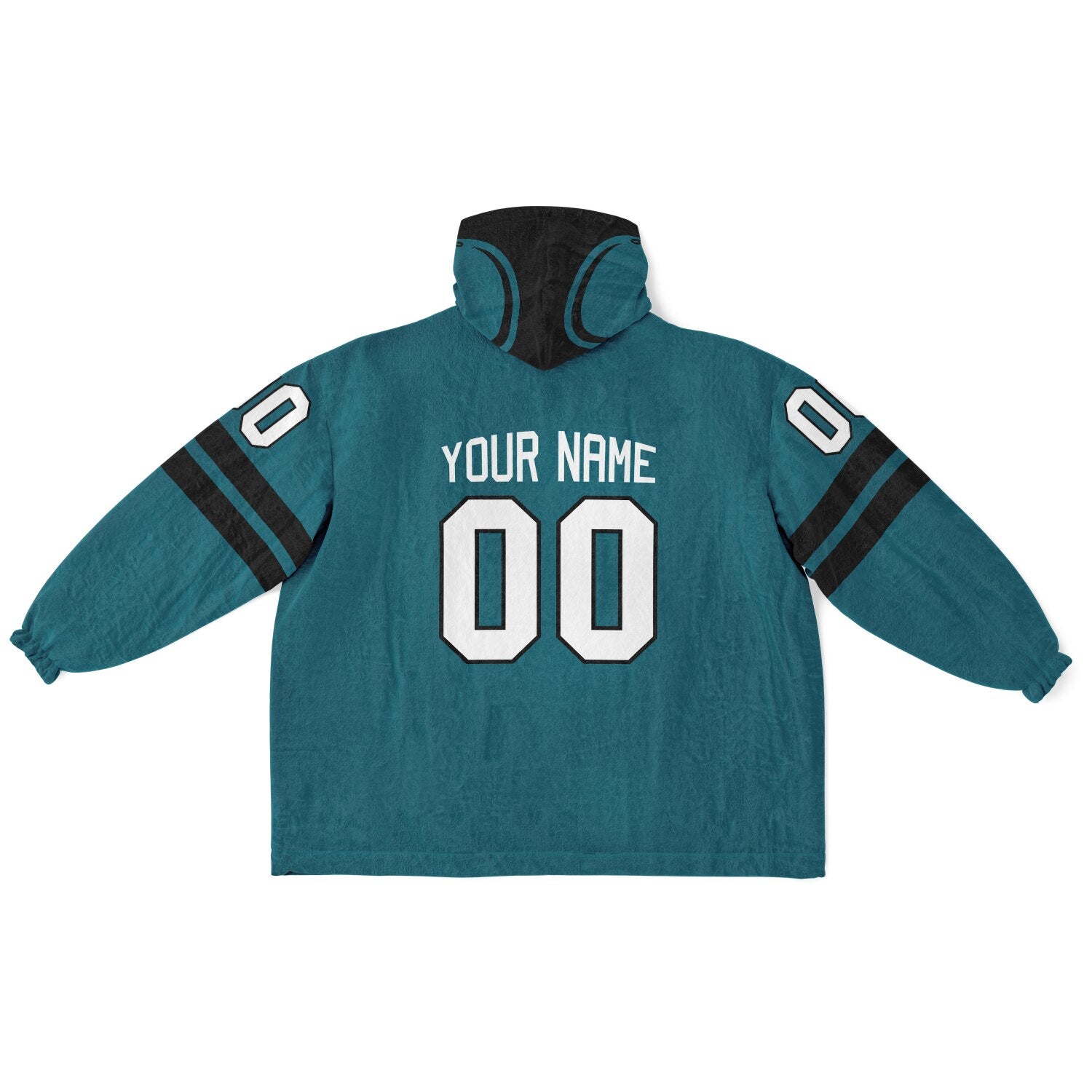 Teal and black classic snug hoodie featuring jersey-style stripes and personalized name and number.