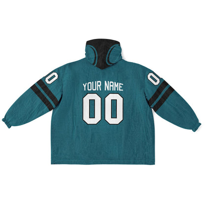 Teal and black classic snug hoodie featuring jersey-style stripes and personalized name and number.