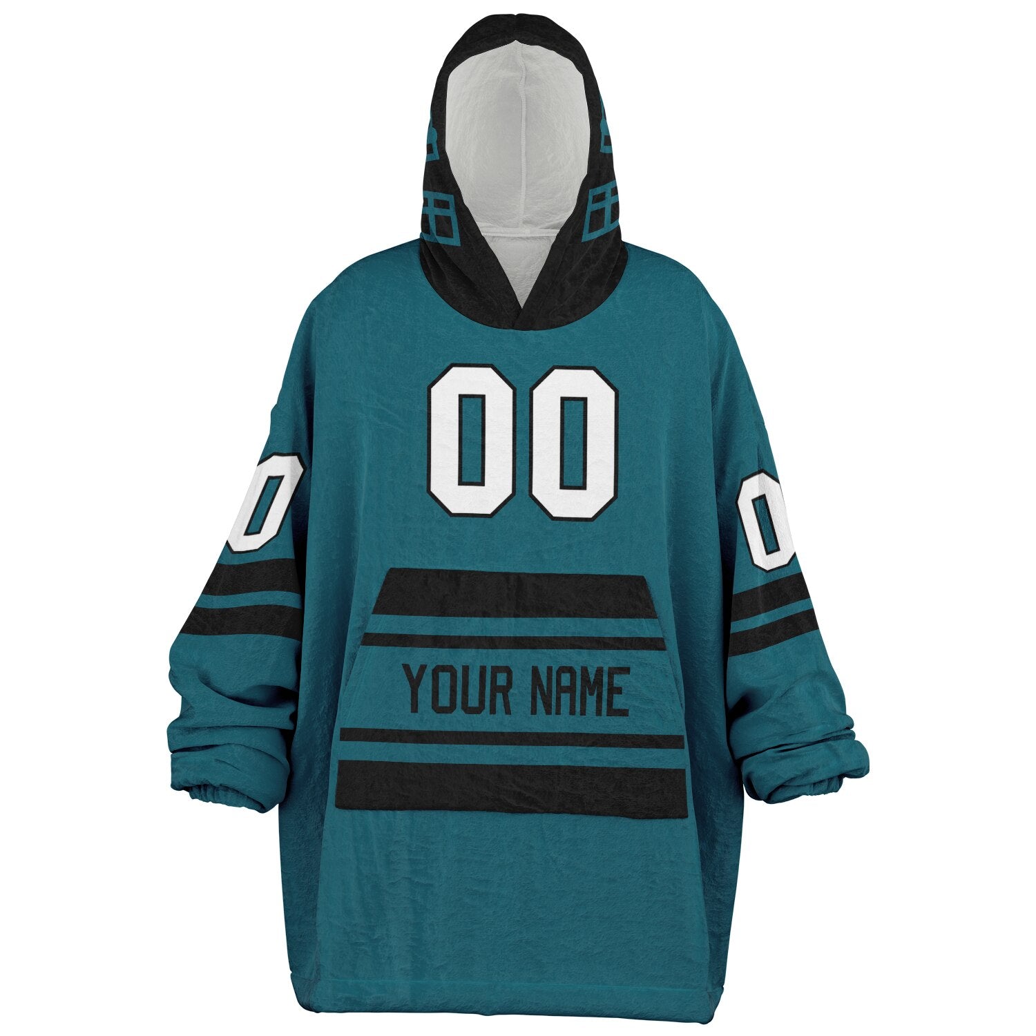 Teal and black classic snug hoodie featuring jersey-style stripes and personalized name and number.