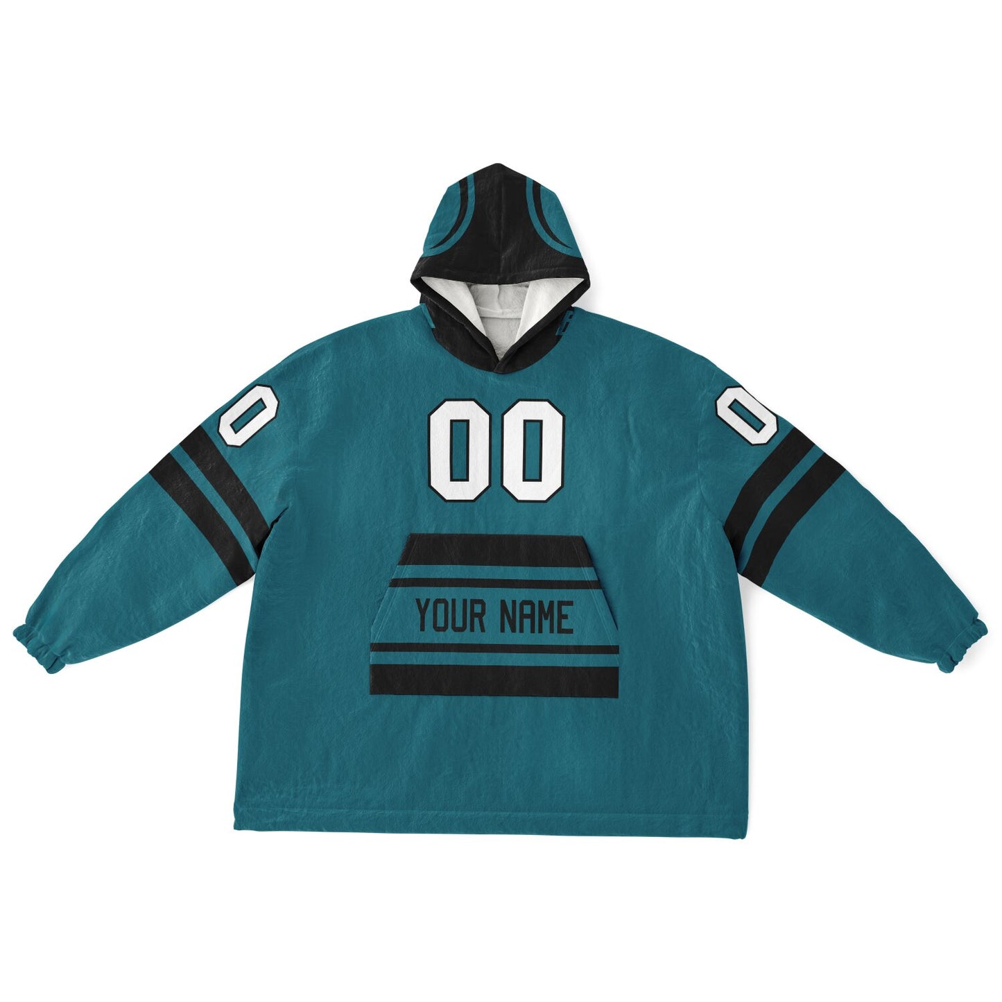 Teal and black classic snug hoodie featuring jersey-style stripes and personalized name and number.