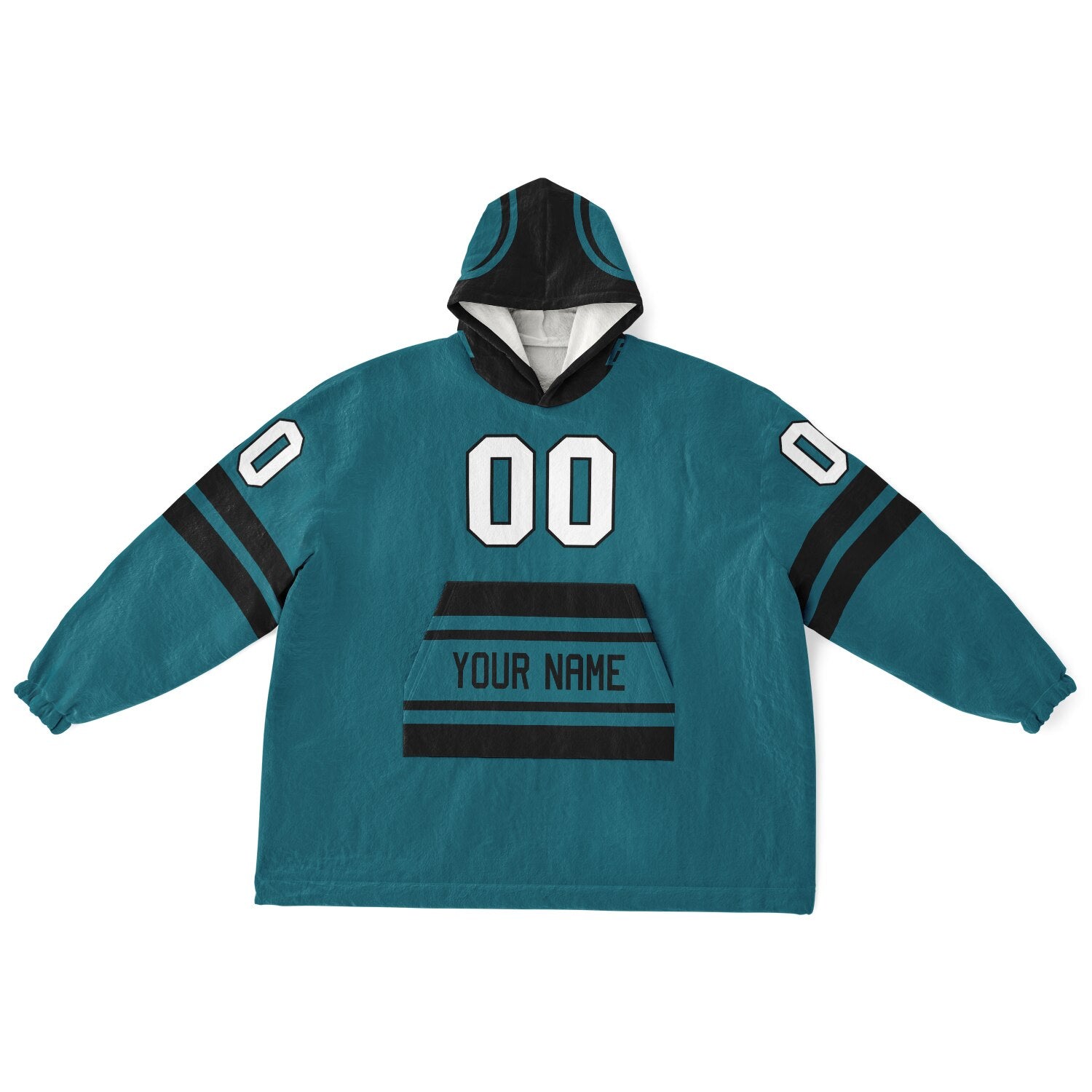 Teal and black classic snug hoodie featuring jersey-style stripes and personalized name and number.