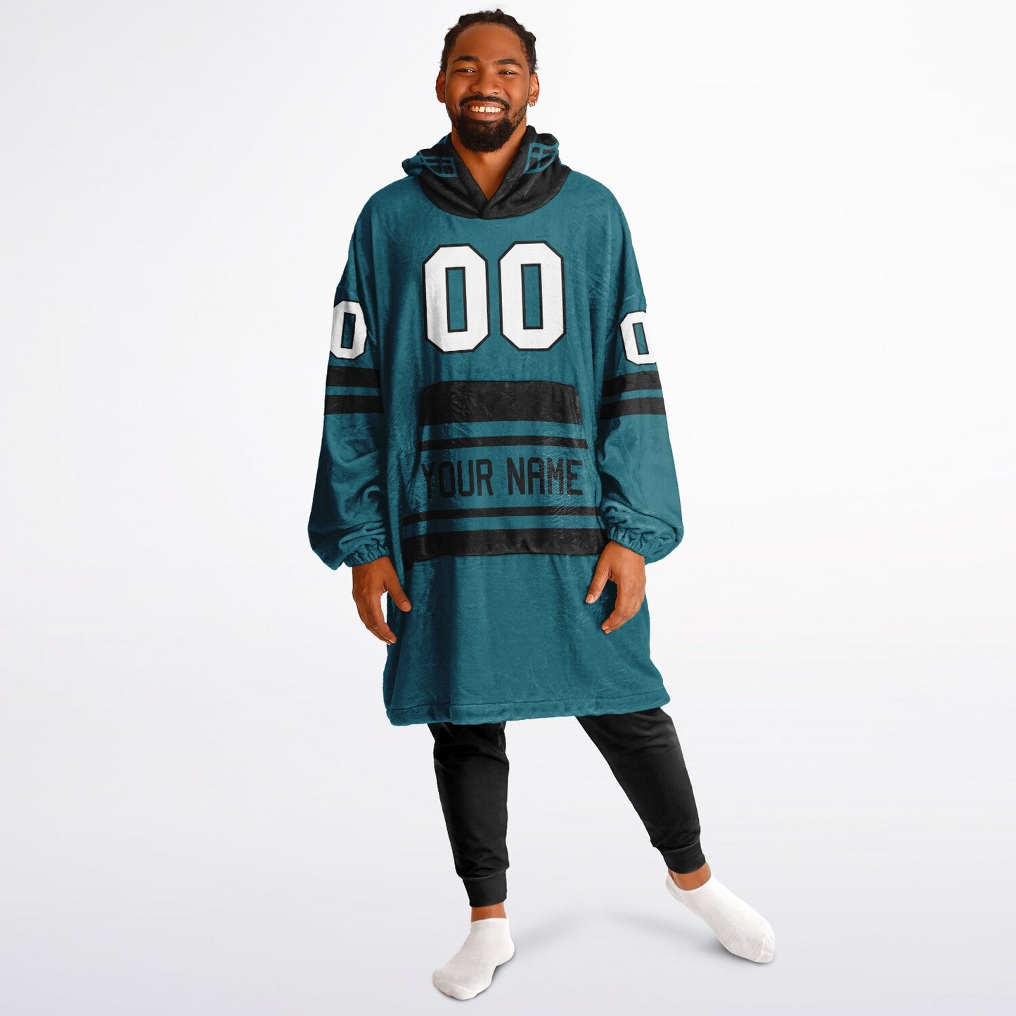 Teal and black classic snug hoodie featuring jersey-style stripes and personalized name and number.