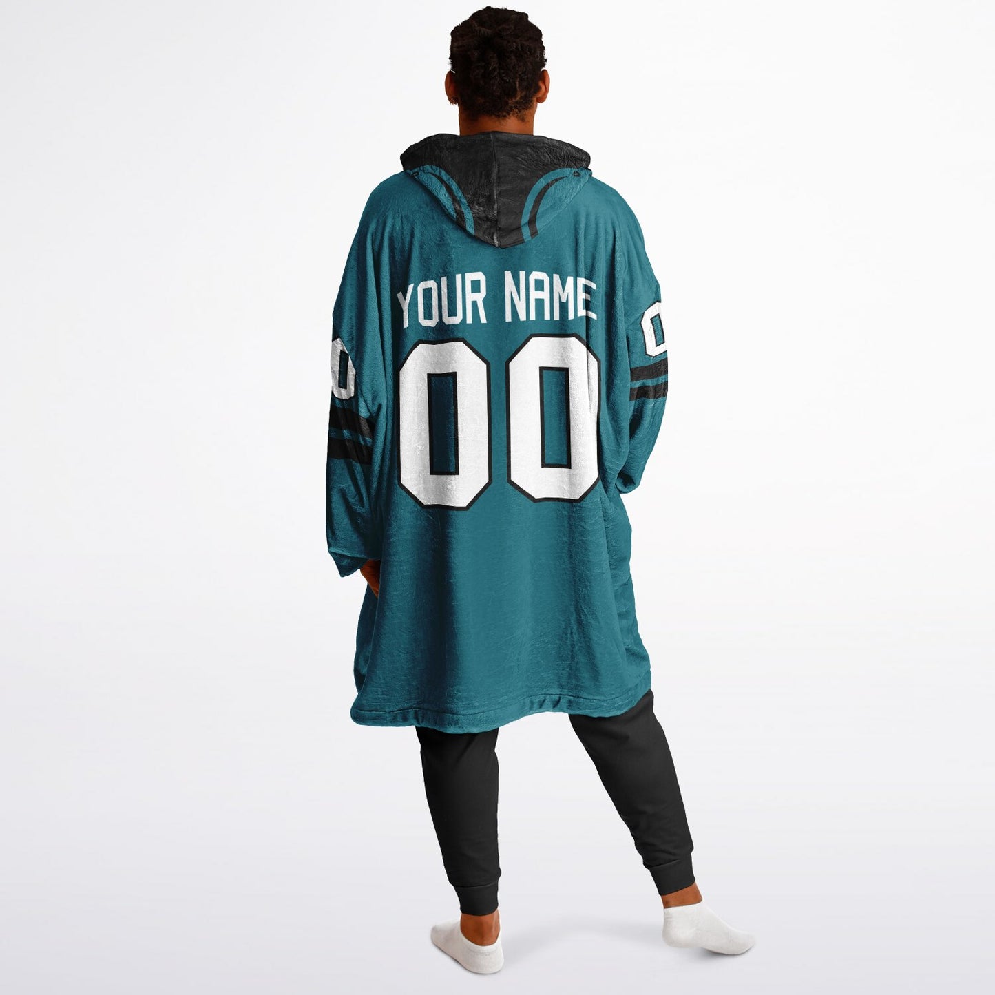 Teal and black classic snug hoodie featuring jersey-style stripes and personalized name and number.