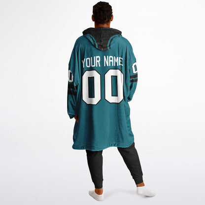 Teal and black classic snug hoodie featuring jersey-style stripes and personalized name and number.