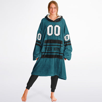 Teal and black classic snug hoodie featuring jersey-style stripes and personalized name and number.
