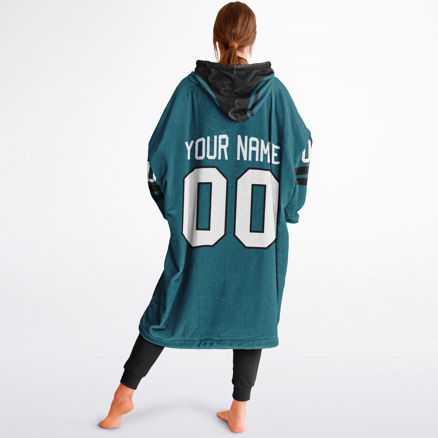 Teal and black classic snug hoodie featuring jersey-style stripes and personalized name and number.