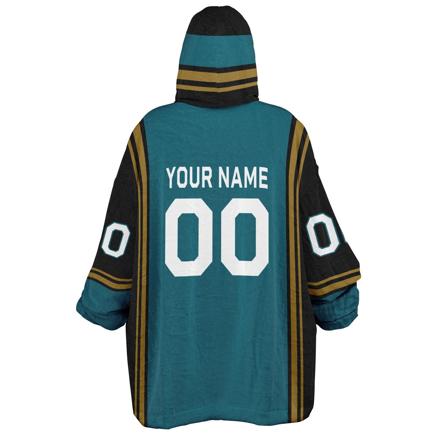 Teal, black, and gold bold snug hoodie with triple color blocking and a sporty aesthetic.
