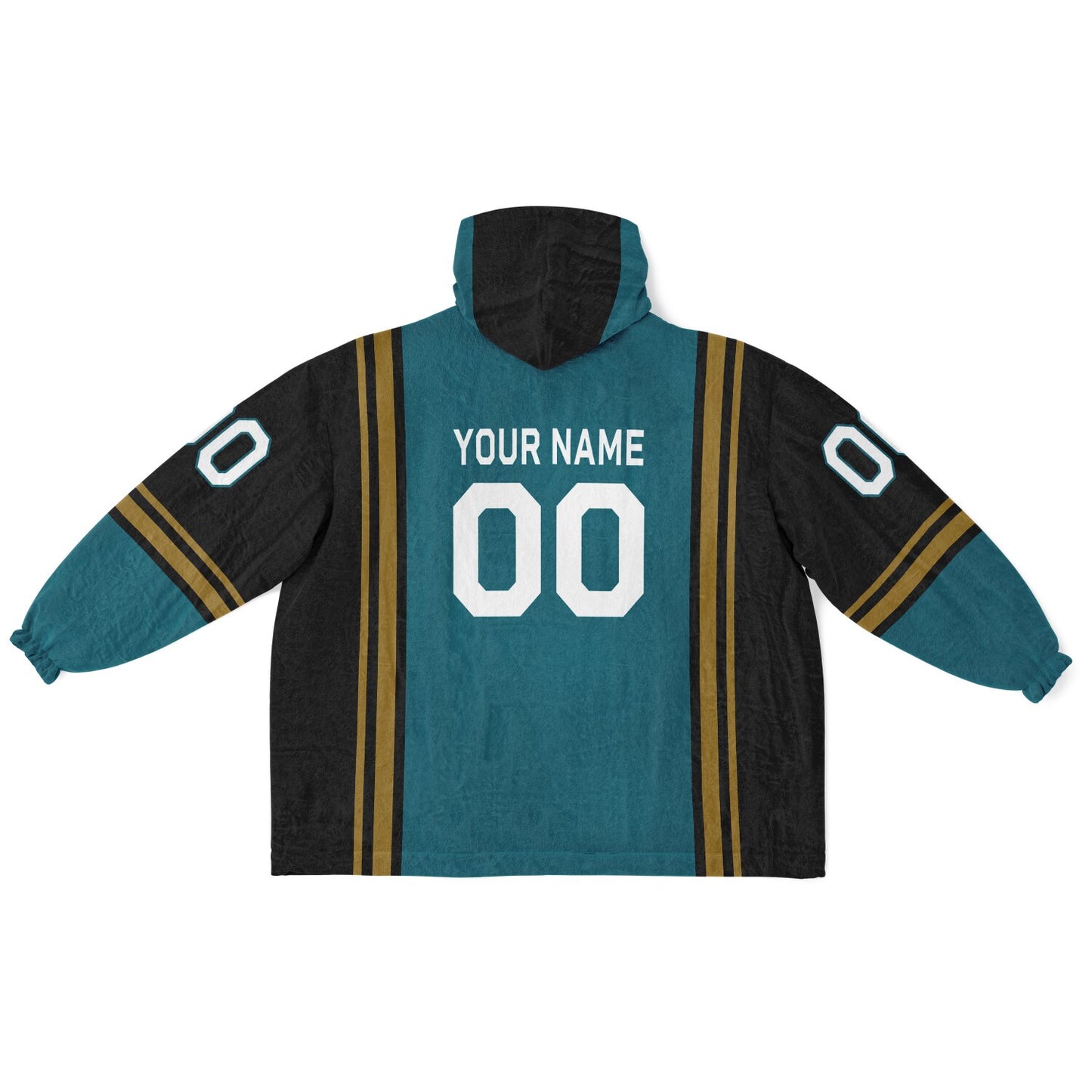 Teal, black, and gold bold snug hoodie with triple color blocking and a sporty aesthetic.