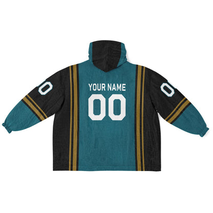 Teal, black, and gold bold snug hoodie with triple color blocking and a sporty aesthetic.