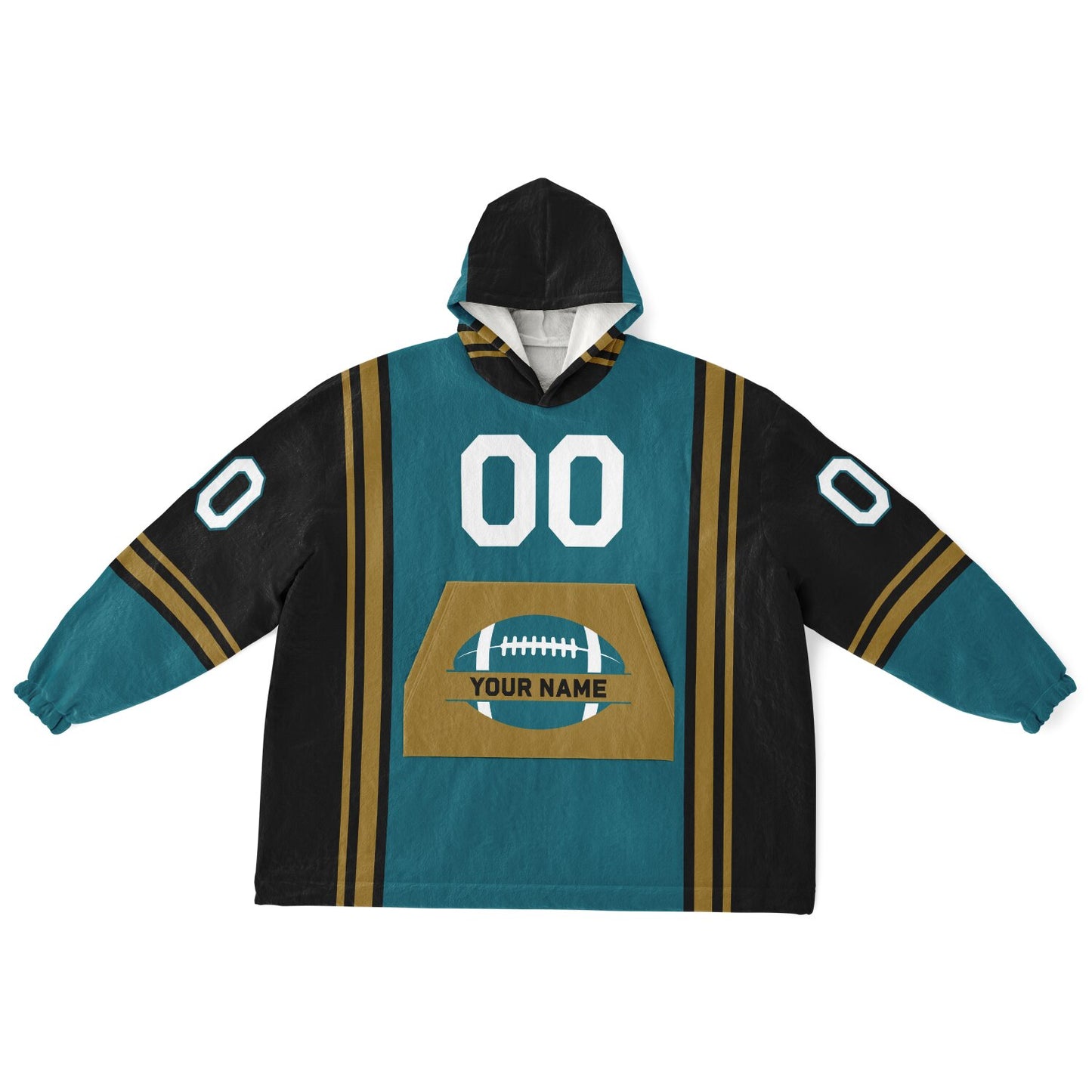 Teal, black, and gold bold snug hoodie with triple color blocking and a sporty aesthetic.