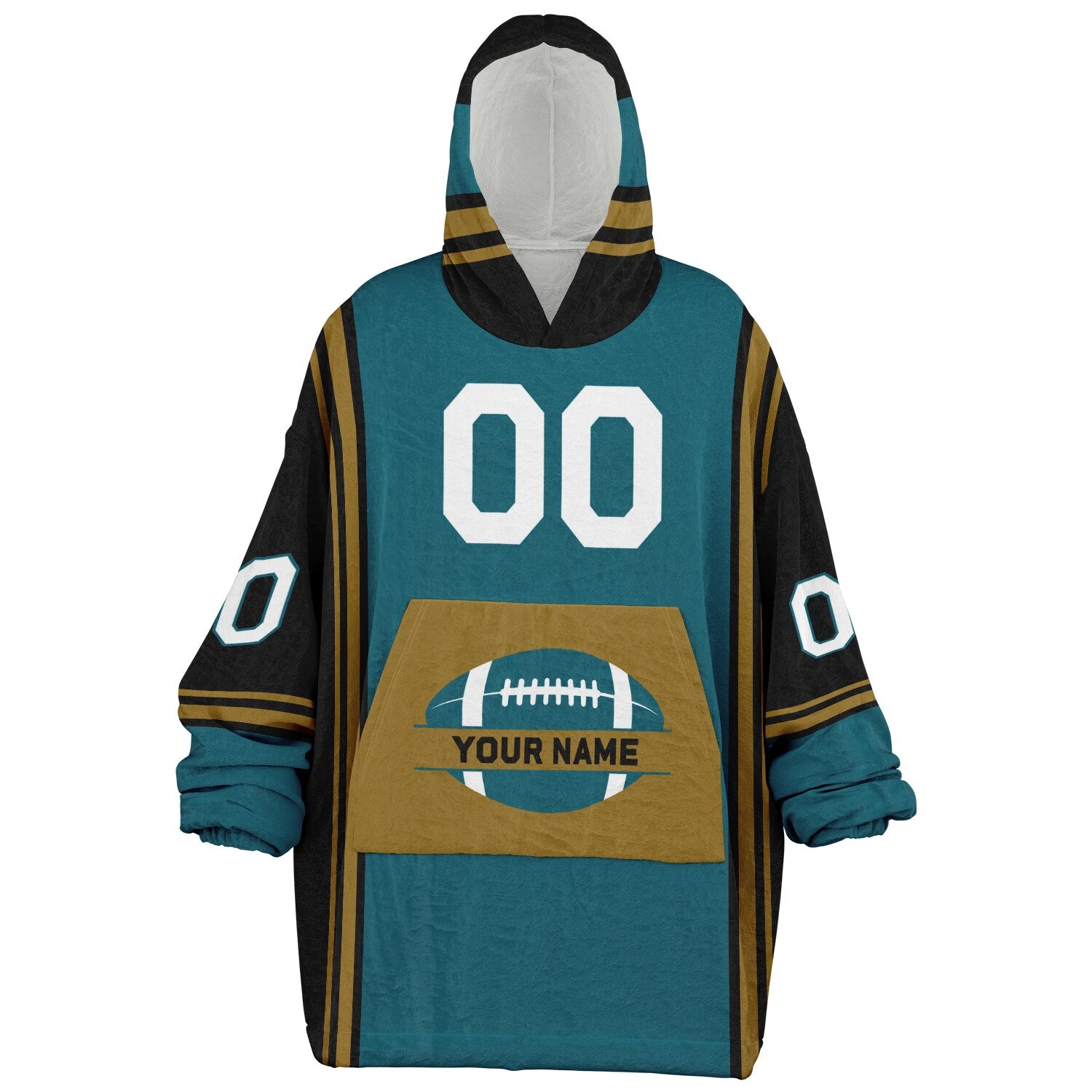 Teal, black, and gold bold snug hoodie with triple color blocking and a sporty aesthetic.