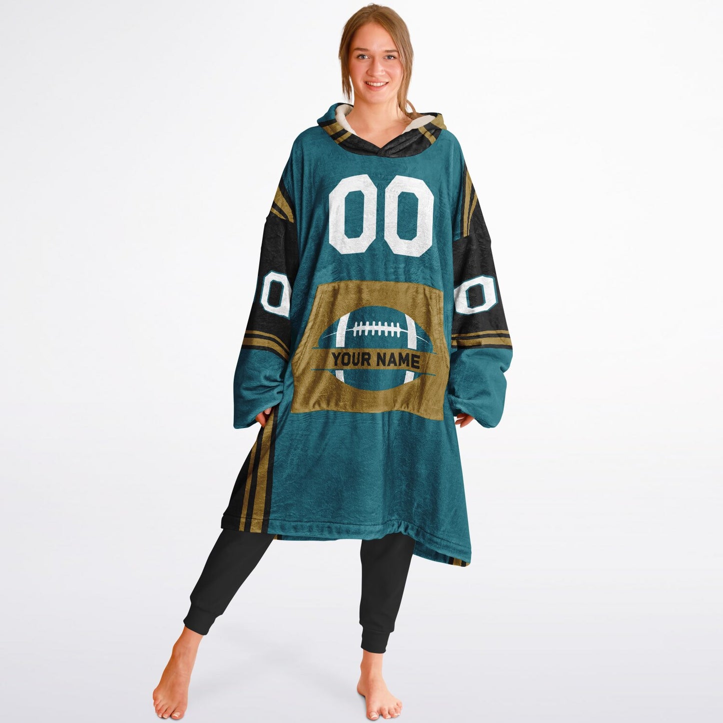 Teal, black, and gold bold snug hoodie with triple color blocking and a sporty aesthetic.