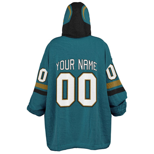 Teal, black, and gold classic snug hoodie featuring authentic jersey striping and personalized number details.