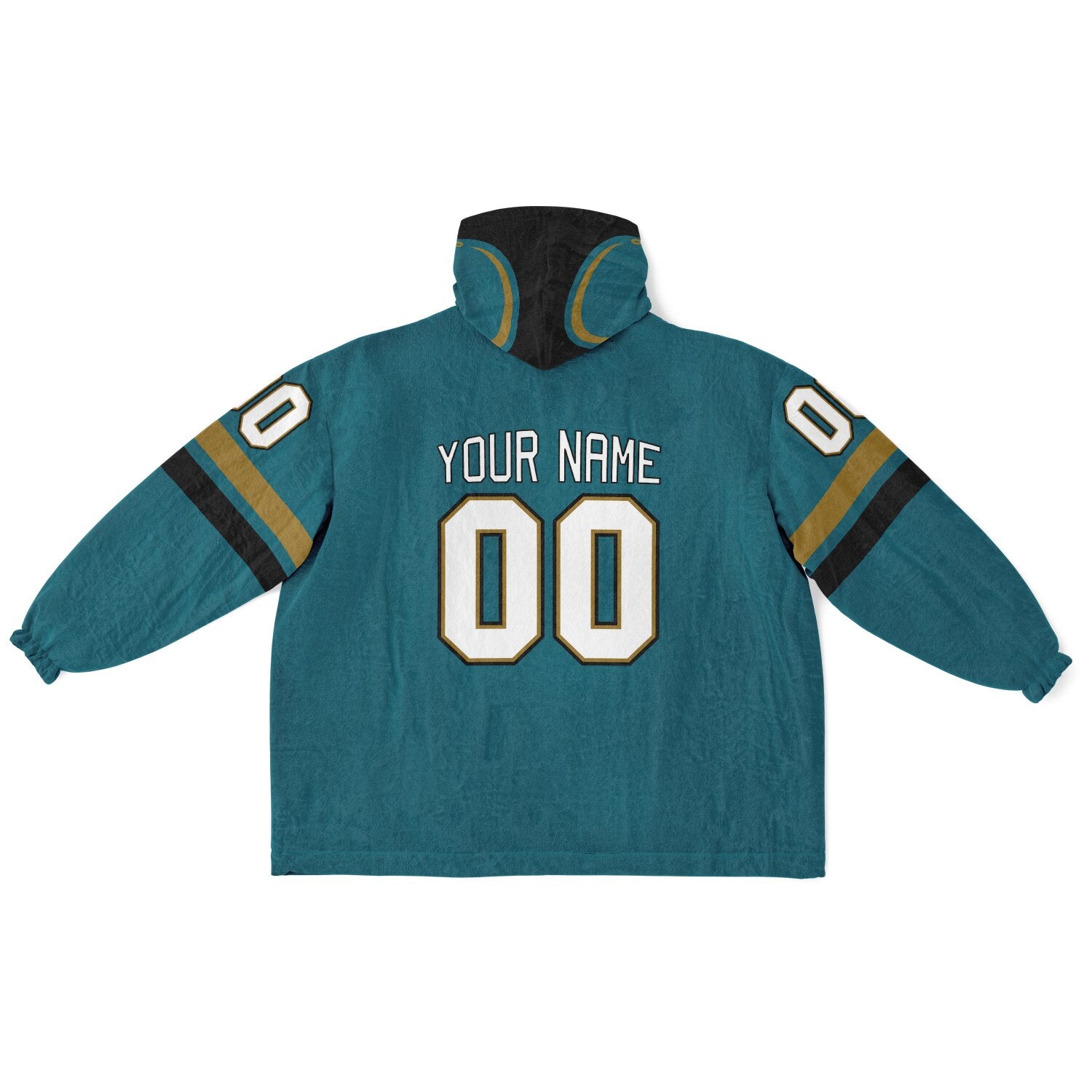 Teal, black, and gold classic snug hoodie featuring authentic jersey striping and personalized number details.