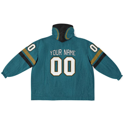 Teal, black, and gold classic snug hoodie featuring authentic jersey striping and personalized number details.